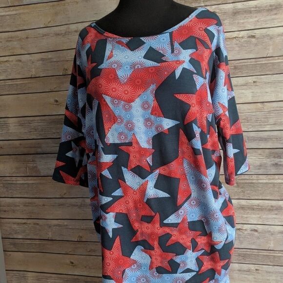 Lularoe Irma Shirt Red White Blue Stars - Picture 1 of 4